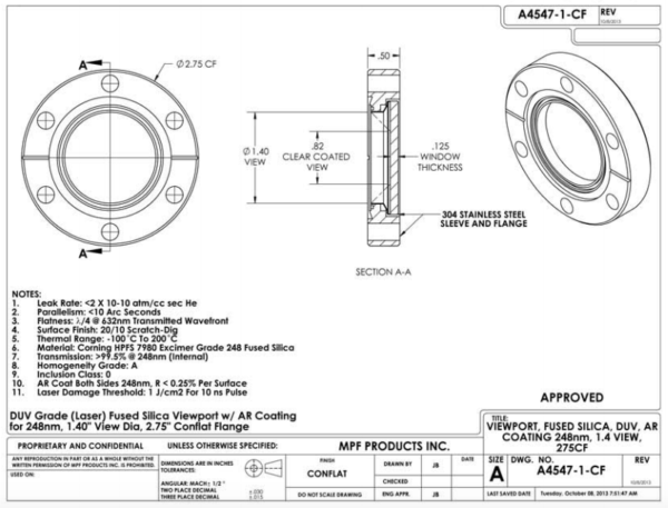 EUV Grade Fused Silica Viewport w/ Single AR Coating @ 248nm - Apex Vacuum