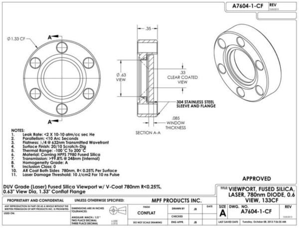 DUV Grade (Laser) Fused Silica Viewport w/ Single AR Coating @ 780nm ...